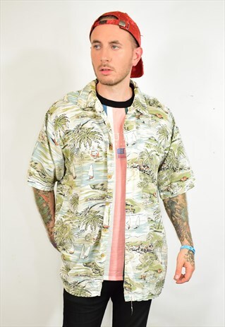 VINTAGE 90S BLUE TROPICAL HAWAIIAN PRINT FESTIVAL SHIRT