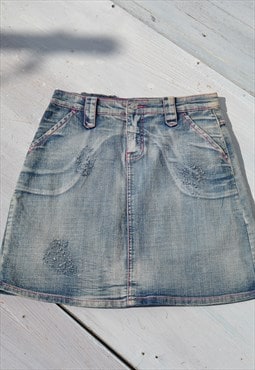 Deadstock y2k blue acid washed strassy A-line skirt.