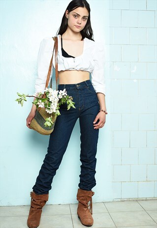 VINTAGE 80S BOHO HIGH WAIST DENIM JEANS BLUE PETITE