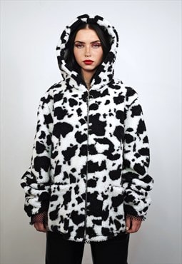 Cow fleece jacket white hooded animal print bomber festival