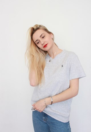 VINTAGE 90S POLO RALPH LAUREN GREY LOGO T-SHIRT