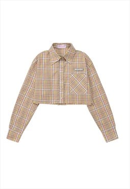 Cropped check shirt distressed cowboy top in retro cream