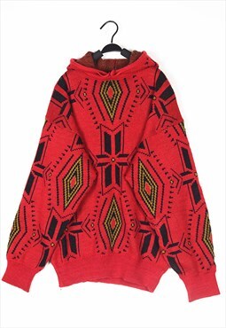 Red Patterned wool knitwear Hooded jumper knit 