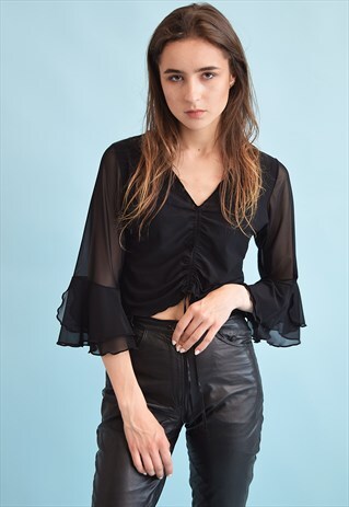 90'S RETRO SHEER MESH FLARE SLEEVE KITSCH PARTY CROP TOP