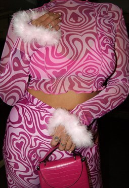Co-ord Loveheart, pink swirl, fluffy trim Crop Top and Skirt