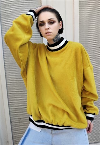 DROP SHOULDER FLUFFY FLEECE SWEATER FAKE FUR MUSTARD JUMPER
