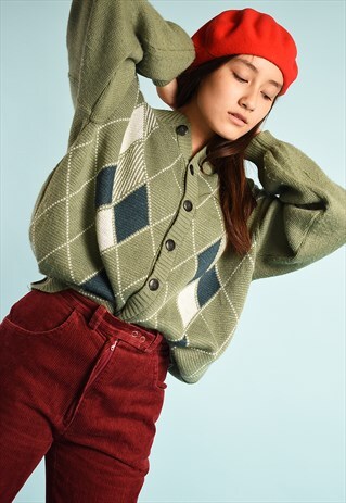 VINTAGE 80'S ARGYLE PATTERN KNIT OVERSIZED CARDIGAN
