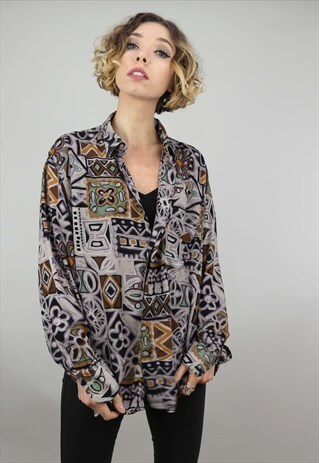 VINTAGE 80S 90S OVERSIZED LONG SLEEVE PATTERNED SHIRT