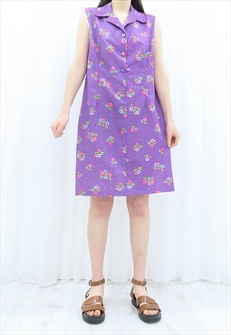 70s Vintage Purple Floral Collared Shift Dress