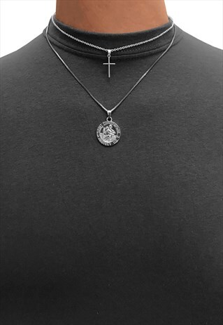 SAINT CHRISTOPHER & CROSS PENDANT NECKLACE CHAIN - SILVER