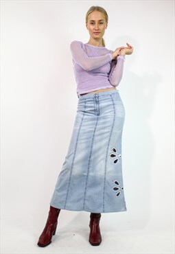Vintage Y2K Roccobarocco Denim Maxi Skirt in Blue