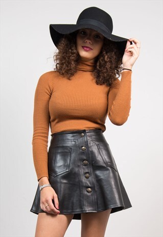 VINTAGE 70'S BLACK LEATHER BUTTON DOWN SKIRT