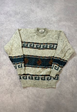 VINTAGE ABSTRACT KNITTED JUMPER PATTERNED GRANDAD SWEATER