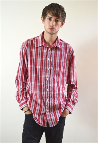 1990S VINTAGE WHITE & RED LONG SLEEVE FLANNEL SHIRT