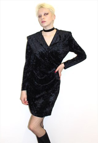 80S VINTAGE BLACK VELVET MIDI PARTY DATE NIGHT DRESS