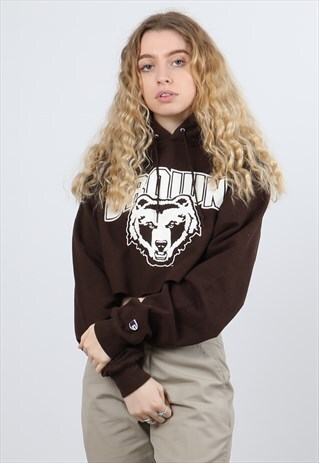 CHAMPION MEDIUM BROWN PRINTED LOGO CROPPED HOODIE