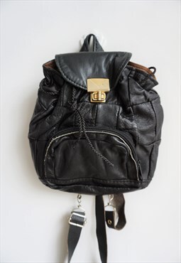 Vintage Black Leather Backpack Back Pack Handbag Hand Bag