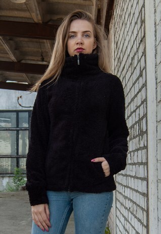 VINTAGE RETRO BLACK VERY SOFT WARM FLEECE JACKET