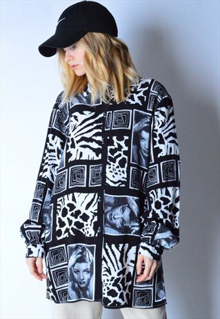 VINTAGE 90S BLACK AND WHITE ABSTRACT LONG SLEEVE SHIRT