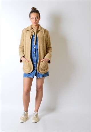 VINTAGE 80S CAMEL TEXTURED WOOL BLEND CAPE COAT