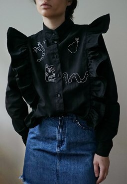 Hand embroidered black cowboy shirt with ruffles