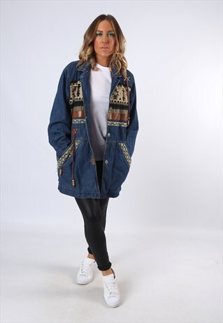 DENIM JACKET LONG PATTERNED OVERSIZED FITTED UK 14 (43K)