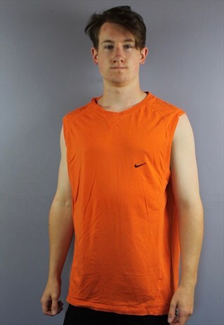 VINTAGE NIKE VEST T SHIRT IN ORANGE WITH EMBROIDERED SWOOSH.