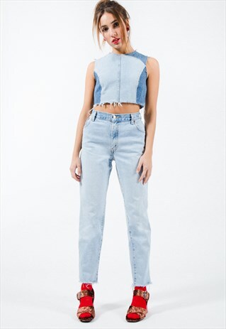 VINTAGE 80S REWORKED FRAYED HEM MOM JEANS LIGHT WASH /0014