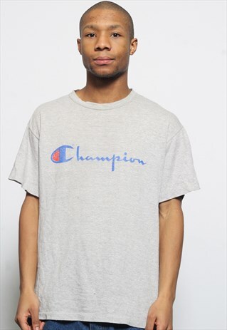 VINTAGE CHAMPION LOGO BIG SPELL OUT T-SHIRT GREY