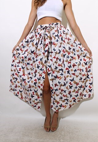 VINTAGE 1970'S 70'S BUTTERFLIES PRINT WHITE MAXI SKIRT M-L