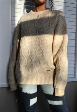Vintage long line wool cable knit jumper in Cream.