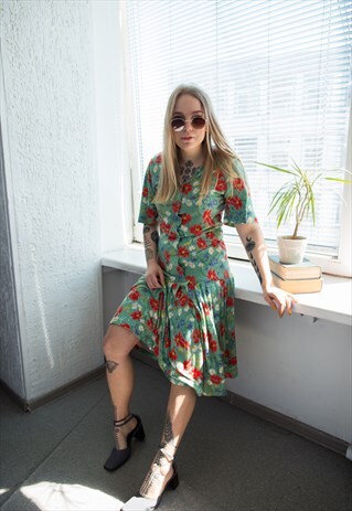 VINTAGE 80'S GREEN FLOWER PRINT MIDI DRESS