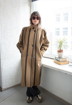 Vintage Authentic Brown Wool Striped Puff Sleeved Coat