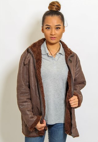 VINTAGE SHEARLING COAT FAUX FUR LINED JACKET IN BROWN MEDIUM
