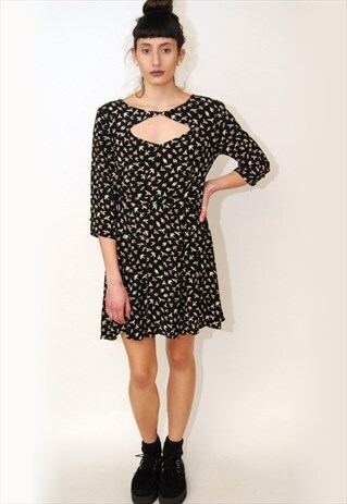 VINTAGE BABYDOLL DRESS (S) BIRD PRINT 90S MINI GOTH GRUNGE
