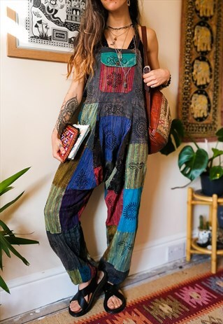 FAIRTRADE GREEN, BLUE & MUSTARD PATCHWORK OVERALLS DUNGAREES