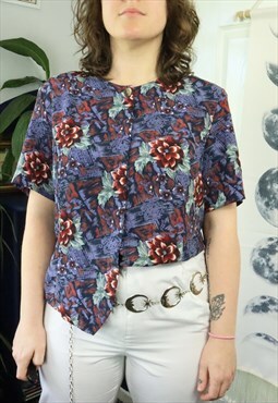 Vintage 80s Navy Abstract Floral Flowery Print Shirt Blouse