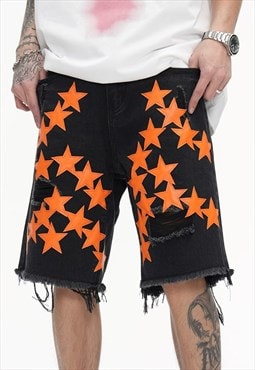 Star patch denim shorts premium jean skater pants in black