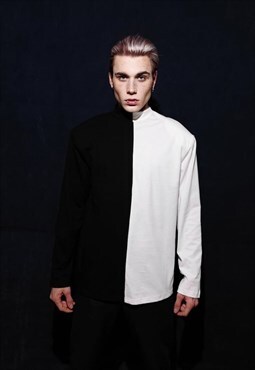 Color block top half white half black t-shirt long sleeve 