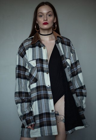 VINTAGE CHECKERED JACKET WITH CORDUROY COLLAR . UNISEX .