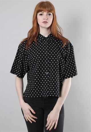 VINTAGE 80S BLACK POLKA DOT PATTERNED CROPPED SHIRT