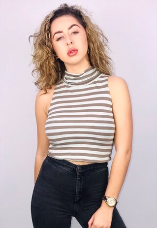 VINTAGE REWORKED STRIPED POLO NECK CROP TOP