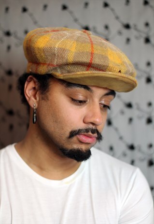 VINTAGE 70S HARRIS TWEED MUSTARD WOOL FLAT CAP