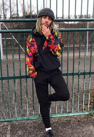 VINTAGE BLACK NEON BRIGHT WAVY ABSTRACT SHELL JACKET