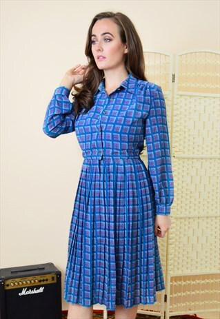 80'S VINTAGE CHECKED PRINT PLEATED OFFICE MIDI DRESS TEAL