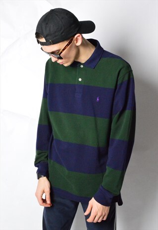 90S NAVY BLUE DARK GREEN RALPH LAUREN LONG SLEEVE POLO SHIRT