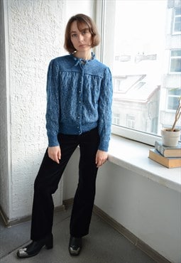 Vintage Blue Glitter Thread Knitted Puff Sleeved Cardigan