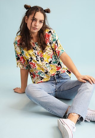 90'S BOHO ABSTRACT FLORAL PATTERN LOOSE-FITTED MOM'S SHIRT