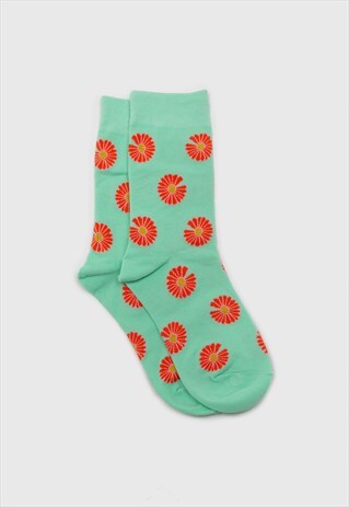 MINT AND ORANGE DAISY PRINT SOCKS