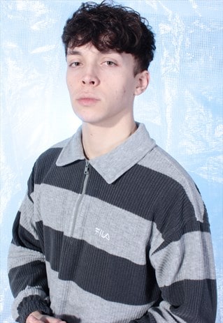 VINTAGE FILA GREY AND CHARCOAL STRIPED FLEECE JUMPER